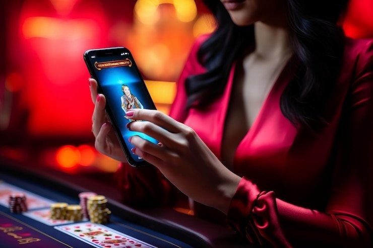 Portrait-mode interface showing dealer hand and player controls on Bikini Paradise
